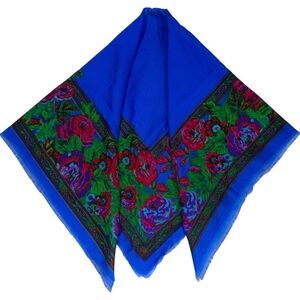 VINTAGE Challis by Berkshire Blue Floral Scarf Made in Japan 38” Square